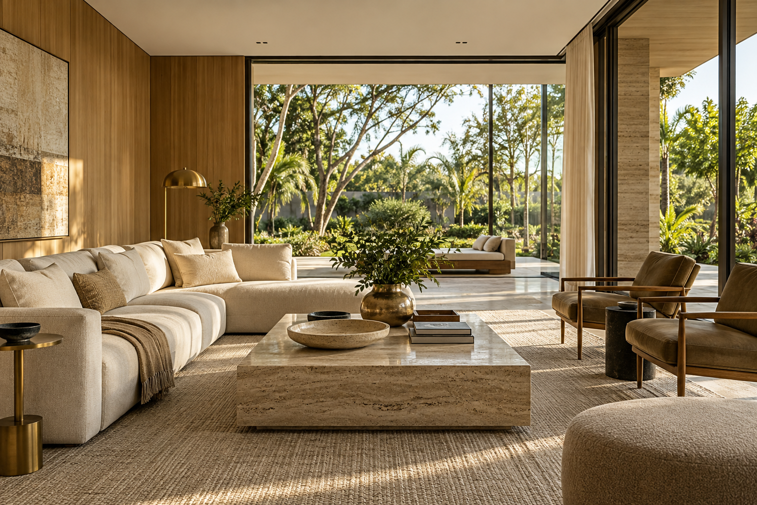 Sala com materiais naturais e iluminação integrada